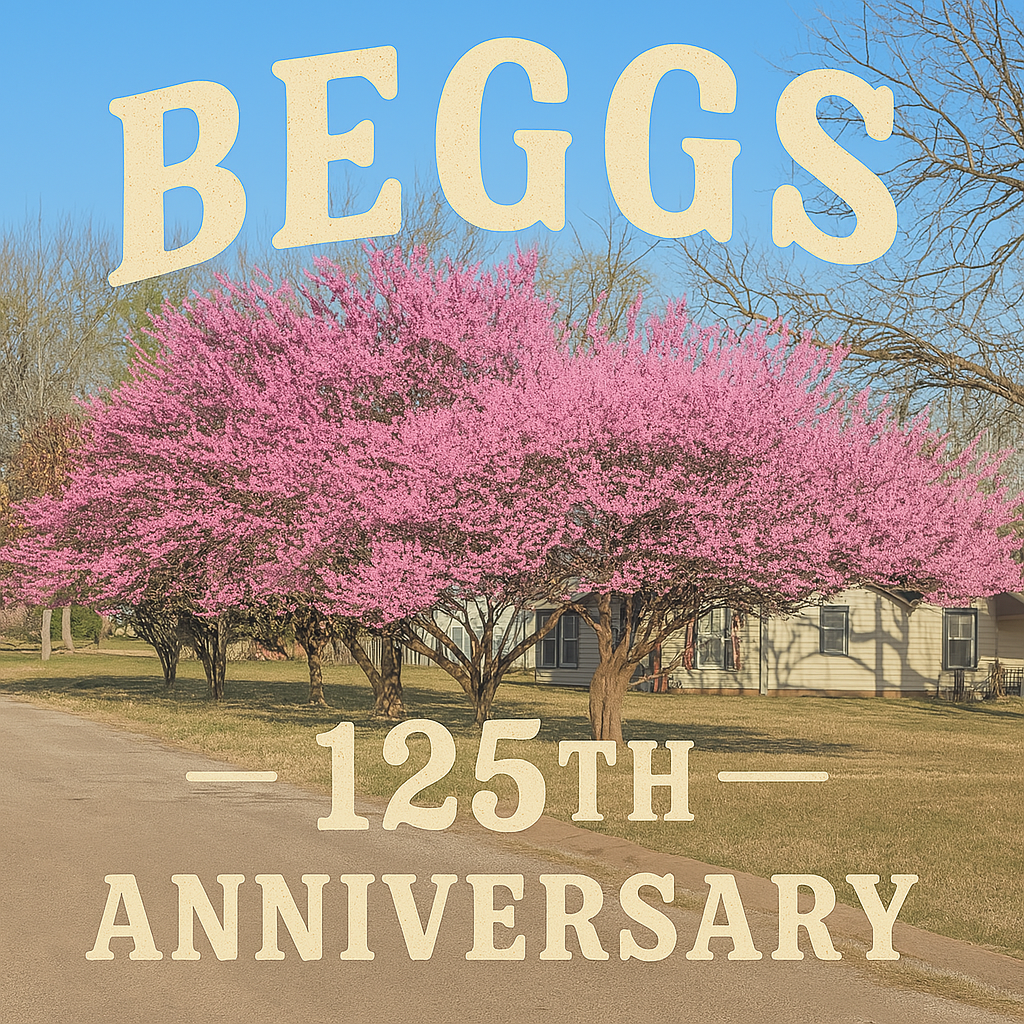 Photo of a blooming tree with the words Beggs 125th Anniversary